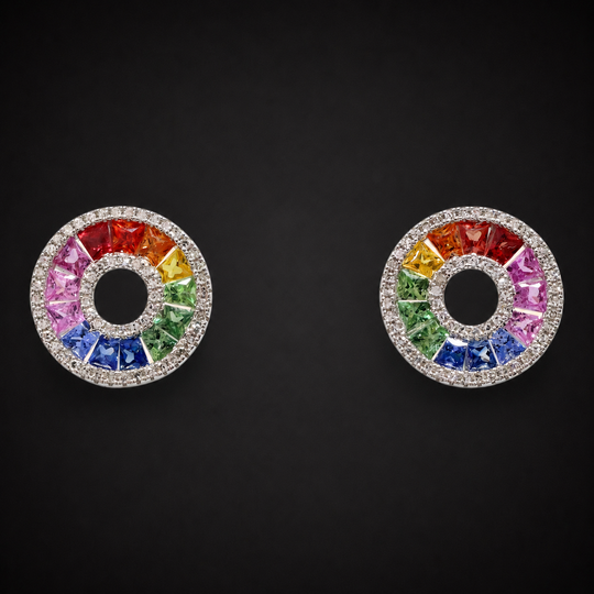 'Saika' Rainbow Sapphire & Diamond earrings in 18k white gold