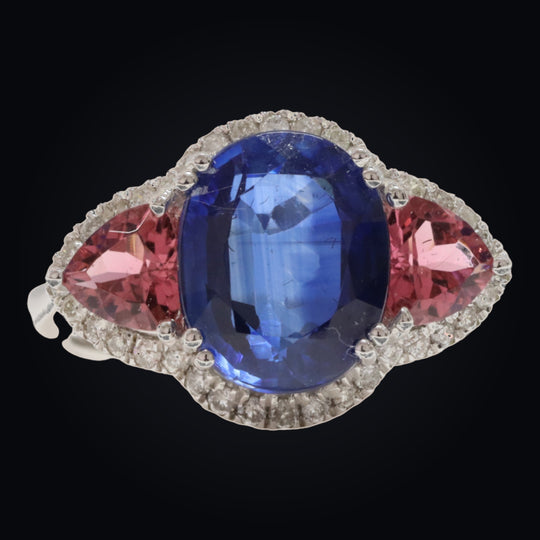 'Ryūgu' Kyanite, Pink Tourmaline, and Diamond Ring in 18K White Gold