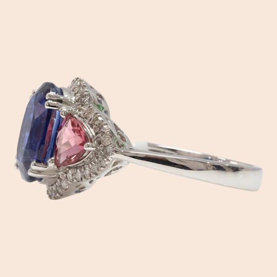 'Ryūgu' Kyanite, Pink Tourmaline, and Diamond Ring in 18K White Gold