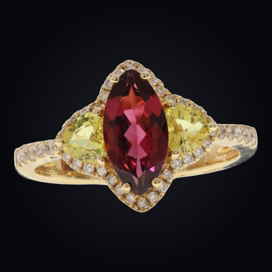 'Hō-ō' 18K Yellow Gold, Rubellite, Sapphire and Diamond Ring