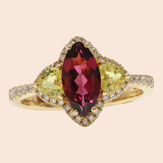 'Hō-ō' 18K Yellow Gold, Rubellite, Sapphire and Diamond Ring