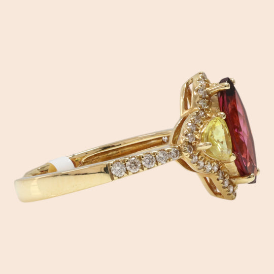 'Hō-ō' 18K Yellow Gold, Rubellite, Sapphire and Diamond Ring