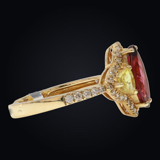 'Hō-ō' 18K Yellow Gold, Rubellite, Sapphire and Diamond Ring