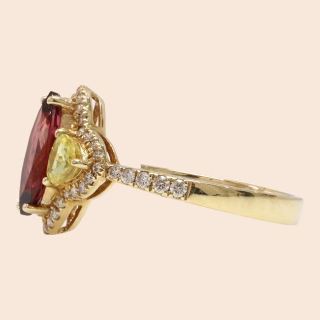 'Hō-ō' 18K Yellow Gold, Rubellite, Sapphire and Diamond Ring