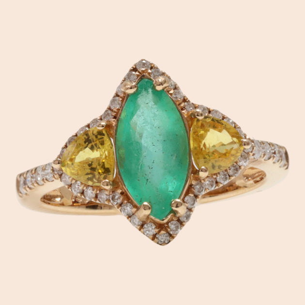 'Mori-No-Yū' 18K Yellow gold, Emerald, Sapphire, and Diamond Ring