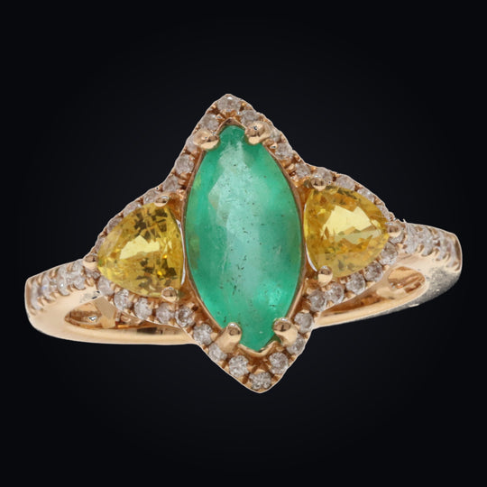 'Mori-No-Yū' 18K Yellow gold, Emerald, Sapphire, and Diamond Ring