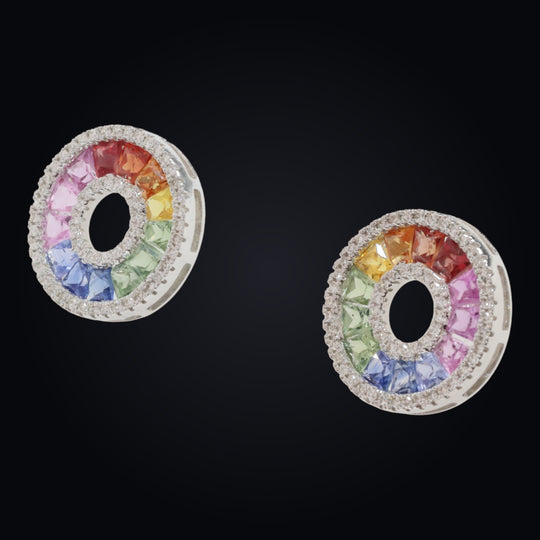 'Saika' Rainbow Sapphire & Diamond earrings in 18k white gold